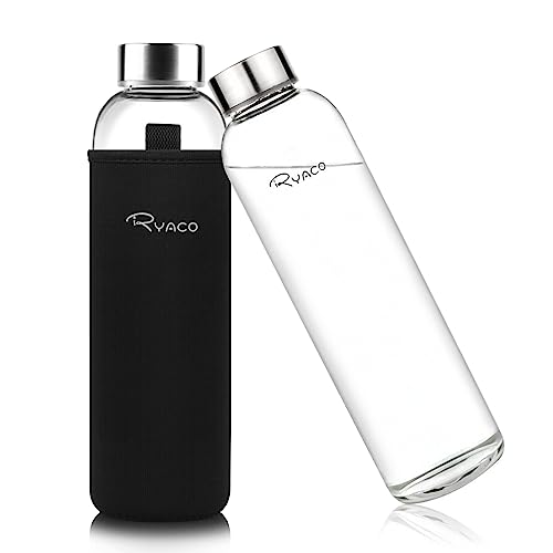 Ryaco Glasflasche 1 liter /1l - 550ml - Trinkflasche Wasserflasche Glas mit Neoprenhülle...