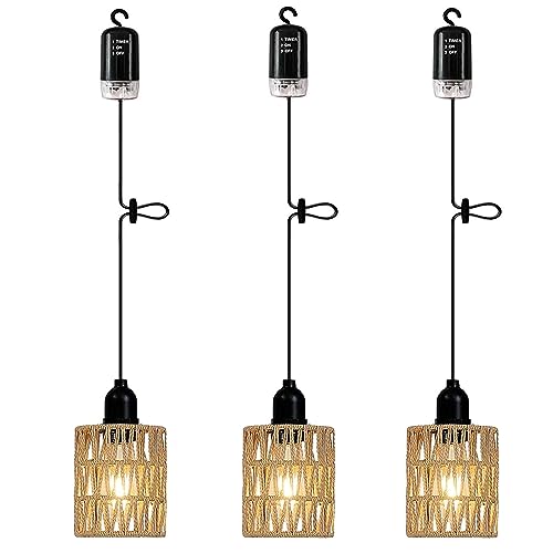 3x Boho Rattan Lampe Vintage Hängelampe mit Batterie