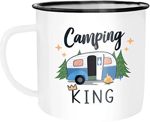 MoonWorks® Emaille-Tasse Camping Queen King Wohnwagen Geschenk Camper Campingurlaub...