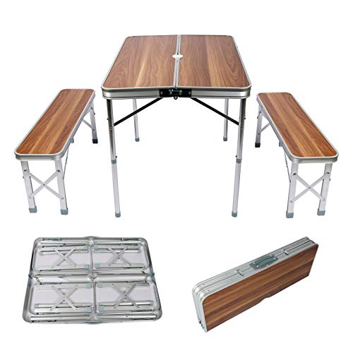 Wiltec Koffertisch mit 2 Bänken Holzdesign Aluminium 90x66x70 cm Campingtisch klappbar...