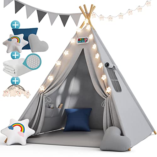 Spielwerk® Kindertipi Spielzelt Baumwolle 130x130x160cm Bodenmatte Girlande Lichterkette...