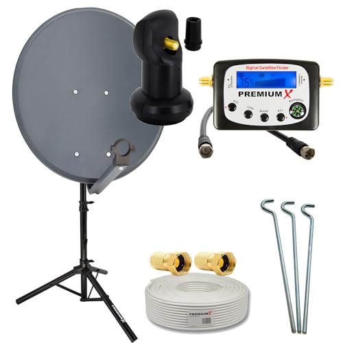 PremiumX Camping Satelliten-Komplettanlage 60cm Satellitenschüssel Single LNB Sat-Finder...