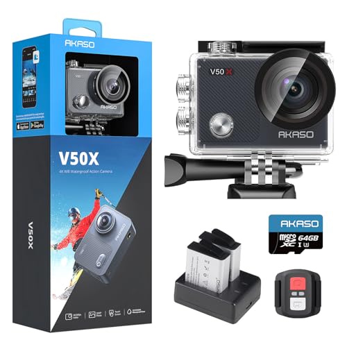 AKASO V50X Action Cam 4K30FPS mit 64GB U3 Speicherkarte Unterwasserkamera WiFi 40M EIS...