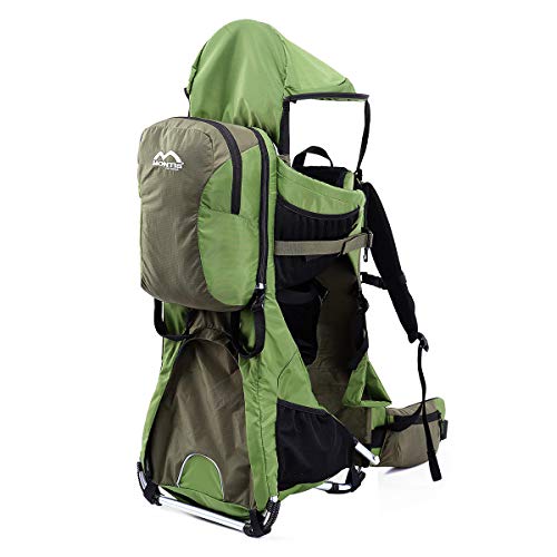 Montis Ranger Pro Kraxe Kindertrage mit allen Extras bis 25 kg Gewicht - für beide Elternteile inkl. Sonnen- & Regendach, Fußrasten, Regenschutz & Wickelmatte - das Gesamtpaket für Urlaub, Wanderungen & Ausflüge