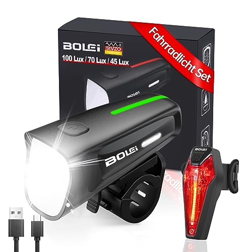 BOLEi LED Fahrradlicht Set 100 LUX | StVZO Zugelassen Fahrradlampe |Fahrradbeleuchtung USB...