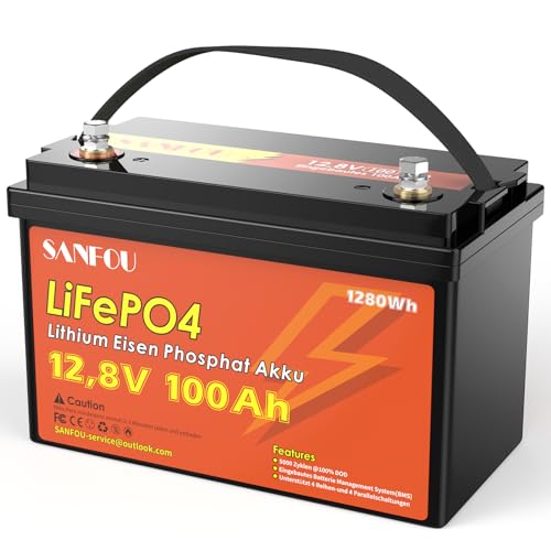 SANFOU 12V100Ah LiFePO4 Batterie, 1280Wh Lithium Akku mit 100A BMS Low Temperature Schutz,...