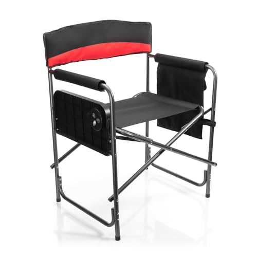 BigDean Komfort Campingstuhl in schwarz/rot mit praktischem Klapptisch inkl....