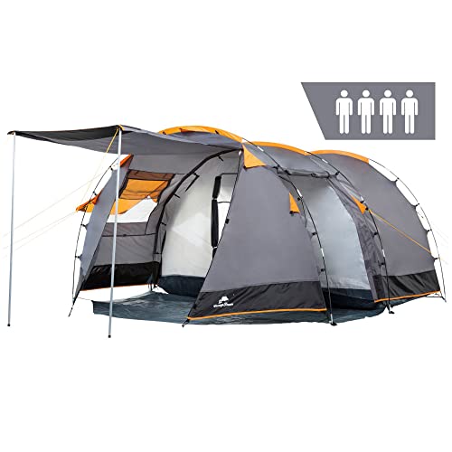 CampFeuer Zelt Super+ für 4 Personen | Grau/Schwarz (Orange) | Großes Tunnelzelt mit 2...