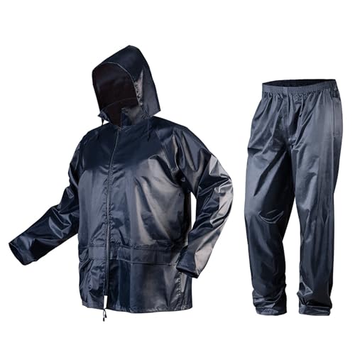 NEO TOOLS Herren Regenset, Regenmantel mit Kapuze und Regenhose Gr. M-XXXL verklebte...