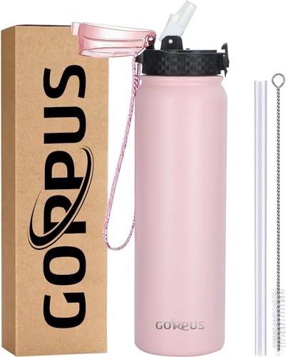 GOPPUS 1L/32oz Thermosflasche mit Strohhalm Doppelschicht Edelstahl Trinkflasche 1 Liter...