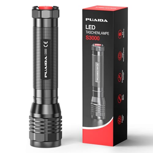 PUAIDA LED Taschenlampe S3000, 5000 Lumen LED Taschenlampe Extrem Hell mit 3 Modi, Lange...