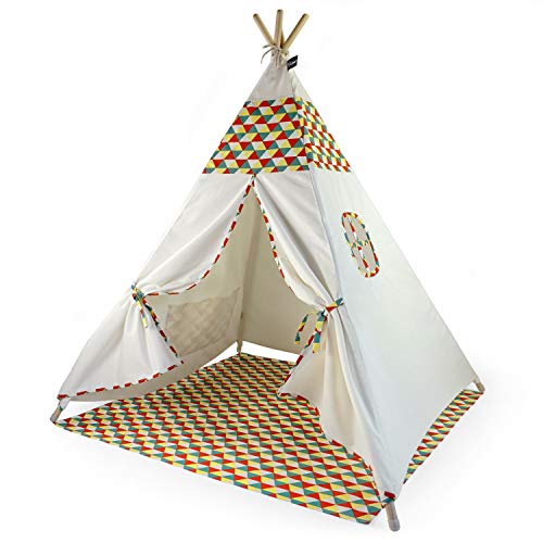 Hej Lønne Kinder Tipi, weißes Zelt mit buntem Muster, ca. 120 x 120 x 150 cm groß,...