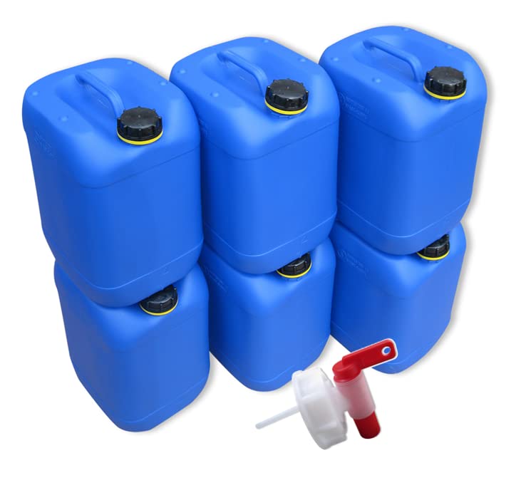 kanister-vertrieb® 6er Set: 20 L Kanister Wasserkanister blau inkl. 1 x Auslaufhahn+...