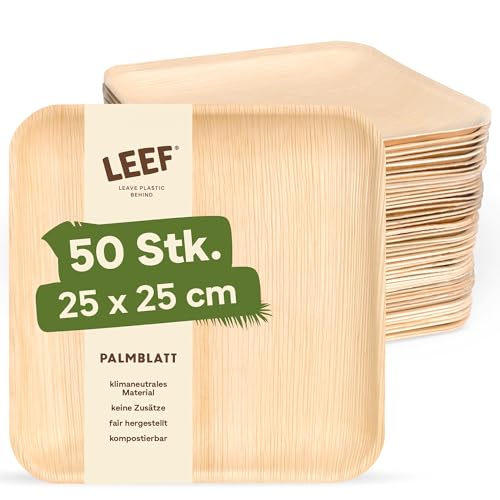 Leef 50x Palmblatt Teller eckig - Einweggeschirr kompostierbar und naturbelassen - 25 x 25...