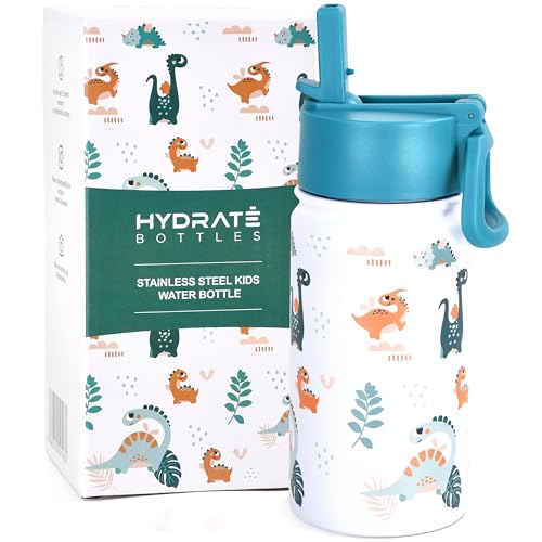 Hydrate Bottles Trinkflasche Kinder Edelstahl - 350ml - Dino-Print Mit Grünem Deckel -...