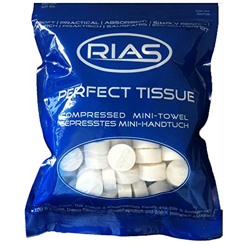 RIAS Rias Trockentücher in Tablettenform, 100 biologisch abbaubar, gepresstes Minihandtuch, platzsparend, weich, saugfähig, erfrischendes Feuchttuch, Reinigungstuch, 100 Stück