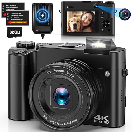 4K Digitalkamera Fotokamera Dual Kamera 64 MP Autofokus Vlogging Fotokamera mit 32GB...