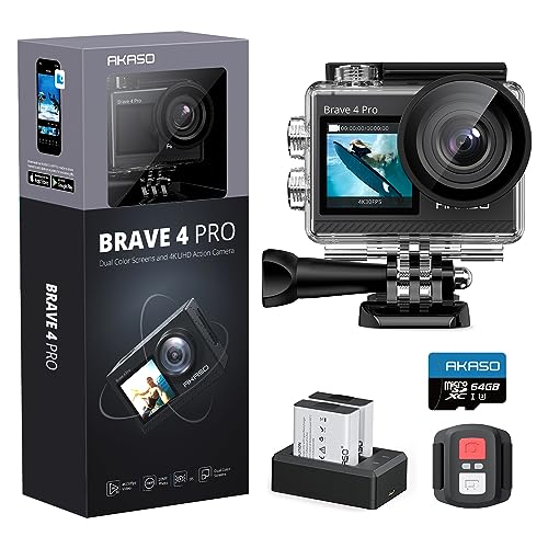 AKASO Brave 4 Pro Action Cam 4K30FPS 20MP mit 64GB U3 Speicherkarte 40M Unterwasserkamera...