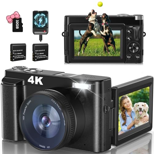 4K Digitalkamera Fotoapparat 32G Karte 48MP Fotokamera mit Charger Kompaktkamera 3' 180°...