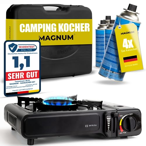 MAGNUM® Gaskocher inkl. 4x Gaskartuschen und Tragekoffer - Campingkocher mit...