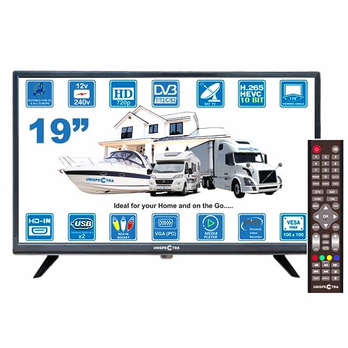 Unispectra ® 19 Zoll HD LED Fernseher Klein 230v (Volt) 12v TV DVBT2 und SAT Receiver,...