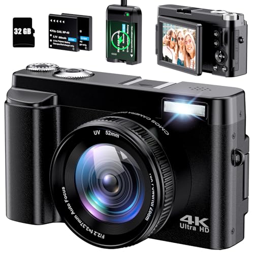 Digitalkamera 4K, 48MP 16X Digital Zoom Fotokamera, 180° Flip Screen Kompaktkamera mit...
