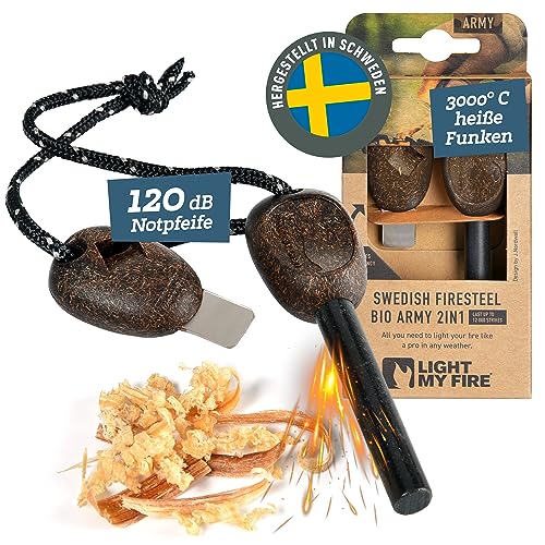 LIGHT MY FIRE Feuerstahl Outdoor Army, 10 mm, 12000 Zündungen, 2-in-1 mit Notfallpfeife,...