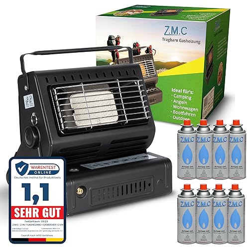 Z.M.C 2-in-1 Tragbare Keramik Gasheizung und Gaskocher 1,3 kW, mit LPG Anschluss + 8...