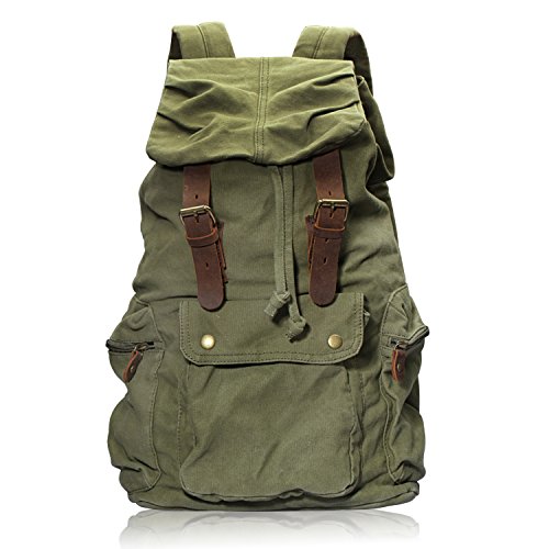 DRF Rucksack aus Canvas im Vintage Stil mit Leder Zubehör #BG-04 (Grün)