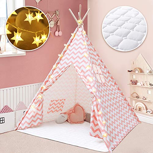 Tiny Land Tipi Kinderzimmer Spielzelt für Kinder mit Matte & Lichterkette drinnen...