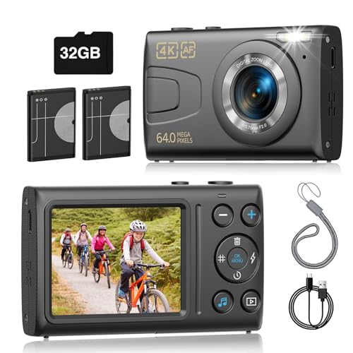 Digitalkamera 4K 64MP mit 32GB SD Karte, Autofokus 18X Digitalzoom Kompaktkamera für...