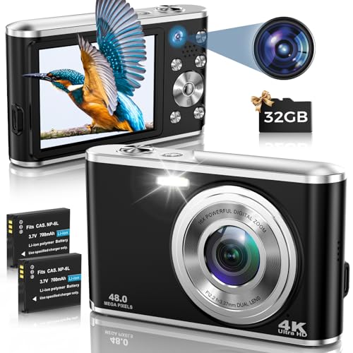 Digitalkamera, AutoFocus 4K Fotoapparat Digitalkamera mit Dual-Kamera mit 32GB...