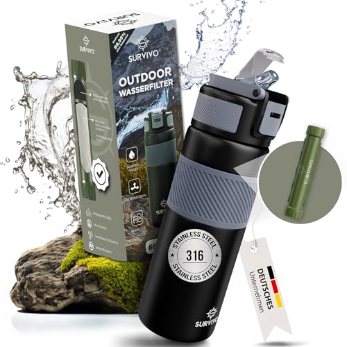 SURVIVO® Wasserfilter Outdoor Flasche [660ml] Trinkflasche aus Edelstahl mit entnehmbarem...