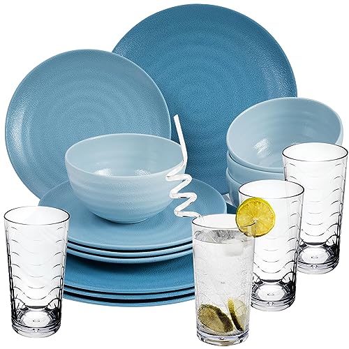 Melamin Geschirr Set 16 Teile elegante Steingut Optik in blau mit Wasserglas 260ml klar -...