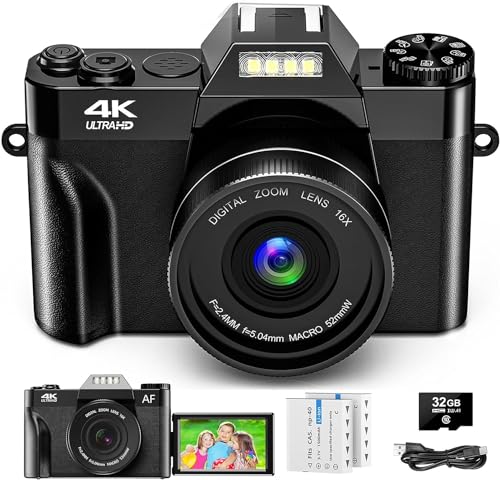 Digitalkamera, 56MP 4K Fotokamera mit 180° Flip 3.0' Bildschirm, 16X Autofokus...