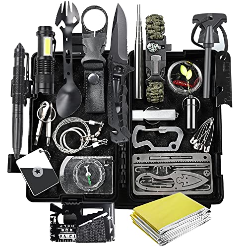 FINIBO Survival Kit 21 in 1, Outdoor Ausrüstung, Außen Notfall Set mit Kompass Taktische...