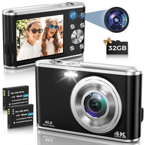 Digitalkamera, AutoFocus 4K Fotoapparat Digitalkamera mit Dual-Kamera mit 32GB...
