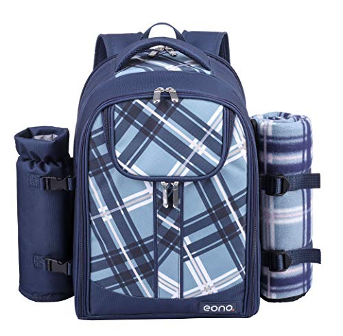 Eono by Amazon - 4 Personen Picknickrucksack Kühltasche mit Geschirrset & Decke, Blau, L